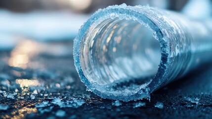 Poster - Close up of a frozen ice tube on ground with selective focus showcasing winter's chill and icy textures in a natural setting