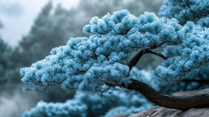 Aufkleber - Frozen blue pine tree branch in a serene winter landscape showcasing unique frosty foliage and natural beauty in cool tones.