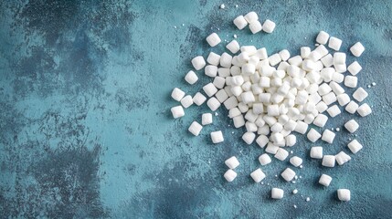 Poster - Small white marshmallows creatively arranged in a heart shape on a textured blue surface ideal for Valentine's Day or sweet treats promotions.
