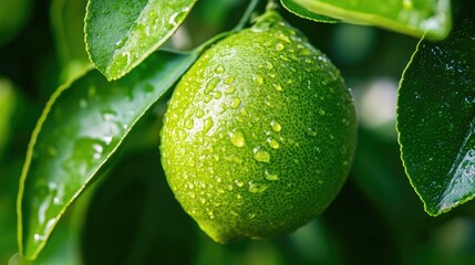 Poster - Close up of a fresh green lime hanging on a tree branch surrounded by vibrant leaves glistening with water droplets in natural light
