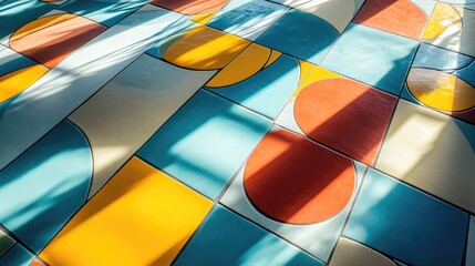 Poster - Vibrant and artistic floor tiles featuring abstract patterns and dynamic colors illuminated by soft shadows and highlights