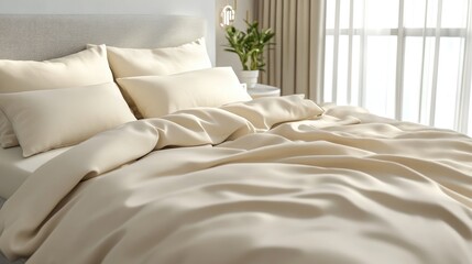 Poster - Cozy beige bedding with plush pillows arranged on a comfortable bed in a softly lit bedroom setting