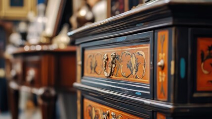 Wall Mural - Antique furniture details showcased at an exhibition with artistic shallow depth of field highlighting intricate craftsmanship and designs