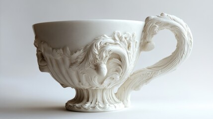 Poster - Elegant white porcelain cup with intricate textured grip and ornate detailing against a minimalist background.