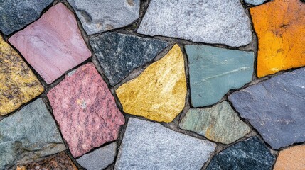 Poster - Colorful granite tile pieces arranged in a decorative pattern showcasing various textures and hues for design and architecture background.