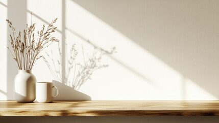 Wall Mural - Cozy minimalistic kitchen counter mockup with wooden surface and ceramic mug showcasing a serene Japanese-inspired interior design