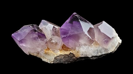 Poster - Macro shot of rough amethyst quartz crystals showcasing vibrant purple hues and intricate facets against a black background