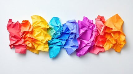 Poster - Crumpled colorful paper in a vibrant rainbow arrangement on a clean white background showcasing texture and vivid hues