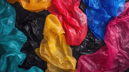 Poster - Vibrant assortment of colorful plastic fabrics arranged on a black background creating an abstract artistic composition