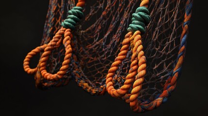 Fishing net with colorful rope attachment detailed close-up in dark background showcasing texture and craftsmanship of fishing equipment
