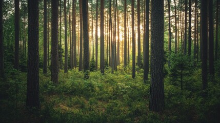 Wall Mural - sunlight filtering through tall pine trees in a serene forest landscape at dusk