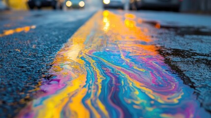 Poster - Colorful Oil Slick Reflection on Wet Asphalt Road with Traffic in Background
