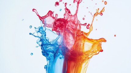 Poster - Vibrant color splashes in blue red and orange creating a dynamic abstract artistic background against a clean white backdrop.