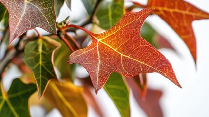 Poster - Closeup of vibrant red and green sweetgum tree leaves showcasing intricate veining against a soft white background