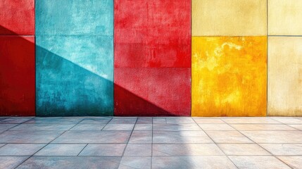 Poster - Vibrant geometric cement wall with bold colors creating an abstract urban background for design and art projects