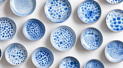 Poster - Artisan ceramic plate set featuring intricate blue and white bump patterns arranged artistically on a neutral background.