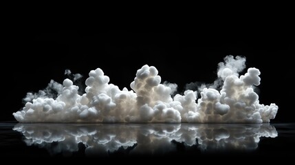 Poster - soft white clouds reflecting on dark surface against black background creating a dramatic and serene atmosphere in minimalistic style