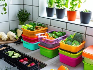 Canvas Print - A vibrant vegan meal prep. in a modern kitchen. showcasing a variety of colorful, plant-based meal containers. Ideal for meal planning guides and vegan diet blogs