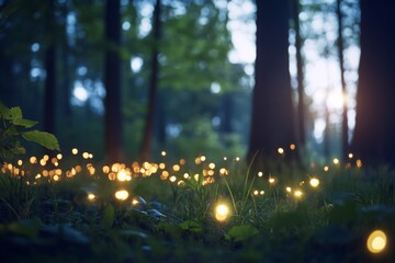 Wall Mural - Magical fireflies illuminating forest floor at dusk.