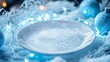 © Marry93 - A snowy white plate with silver snowflake patterns, placed on a table with icy blue lights and frosted decorations