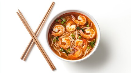 Wall Mural - Spicy Sour Jumbo Prawns Soup with Big Noodles in White Bowl and Wooden Chopsticks on White Background with Shadow View from Above