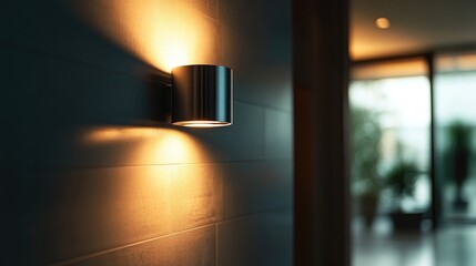 Poster - Modern wall lamp casting soft light in stylish contemporary interior with blurred background and green plants.