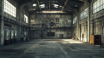 Poster - Industrial steel factory interior showcasing an empty, aged warehouse with high ceilings and large windows. Perfect for design and architecture.
