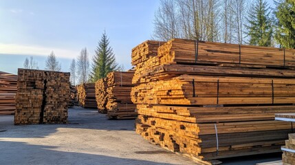 Poster - Piles of cut lumber stacked near a lush spruce forest under clear spring skies showcasing timber industry and natural surroundings