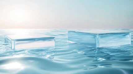 Poster - Empty glass podiums on tranquil blue water surface illuminated by sunlight for product display and cosmetic presentation space.