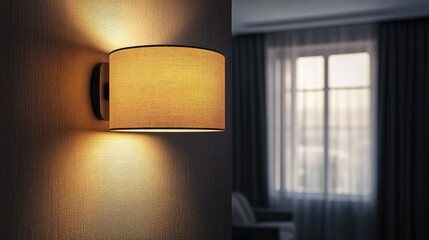 Poster - Modern wall lamp illuminating a stylish room interior with soft light and window view in the background.