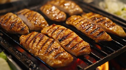 Poster - Grilled chicken skin served on a barbecue grill showcasing its golden brown color with a delicious aroma of sweet and salty flavors