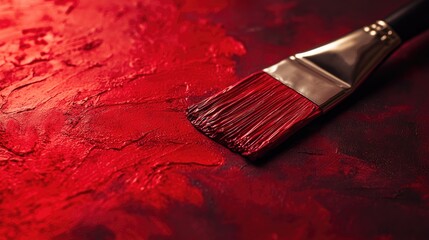 Poster - Red paint brush on textured surface illuminated by soft backlight showcasing vibrant colors and brush details for artistic themes.