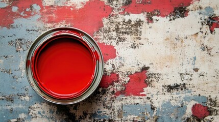 Poster - Red paint can positioned above on a textured vintage background showcasing peeling paint and vibrant hues