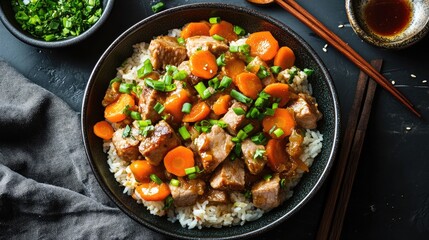 Wall Mural - Japanese curry rice with tender sliced pork, fresh carrots, onions, and vibrant green onions served in a traditional black bowl.