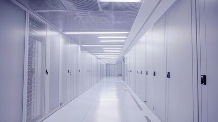 Poster - Modern interior of a large data center featuring rows of closed server cabinets in a clean and organized environment for cloud computing services