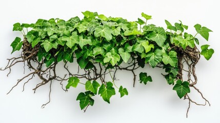 Poster - Vibrant green vine foliage with intricate roots showcasing natural beauty and growth against a clean white background.