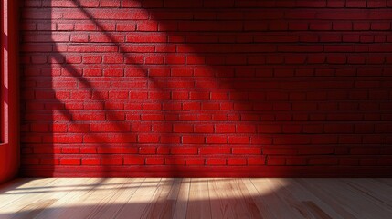 Poster - Vibrant red brick wall interior with natural light casting shadows on wooden floor creating warm and inviting atmosphere