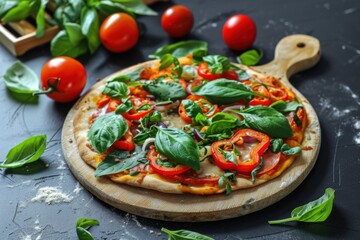 Wall Mural - A vibrant vegetarian pizza. in a modern pizzeria. featuring fresh, colorful toppings and a thin crust. Ideal for pizza promotions and vegetarian recipes