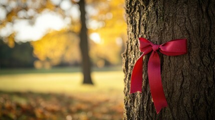 Poster - Red ribbon tied to tree trunk in autumn park setting with blurred background showcasing golden leaves and soft sunlight.