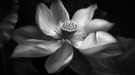 Poster - Lotus flower in black and white showcasing intricate petals and serene beauty against a dark background
