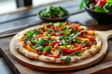 Wall Mural - A vibrant vegetarian pizza. in a modern pizzeria. featuring fresh, colorful toppings and a thin crust. Ideal for pizza promotions and vegetarian recipes