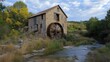 © DigitalDruid - Abandoned stone mill with water wheel in scenic rural landscape surrounded by trees and greenery under dramatic sky