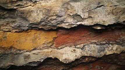 Poster - Textured closeup of an aged uneven brick wall featuring red and yellow tones creating a rustic architectural backdrop