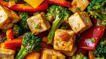 Poster - A vibrant vegetarian stir-fry. featuring tofu, bell peppers, and broccoli. showcasing the variety and nutrition in vegetarian meals. Ideal for quick dinner recipes and healthy eating blogs