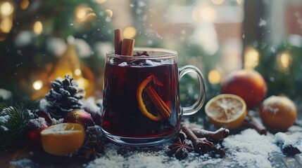 Canvas Print - Festive mulled wine in a cozy setting with spices citrus and snow creating a warm holiday atmosphere