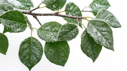 Wall Mural - Green leaves dusted with fresh snow during winter highlighting nature's contrast between foliage and frost.