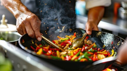 Wall Mural - A vibrant vegetarian stir-fry. in a bustling kitchen. highlighting a quick and healthy dinner option. Ideal for weeknight meal recipes and health blogs