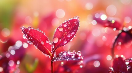Poster - Vibrant red bokeh background with dew drops on leaves creating a dreamy and refreshing natural ambiance