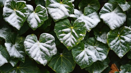Wall Mural - Green leaves blanketed with fresh snow showcasing the beauty of winter's first touch on vibrant foliage