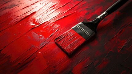 Poster - Red paint brush resting on vibrant textured red surface illuminated by dramatic backlighting for artistic effect